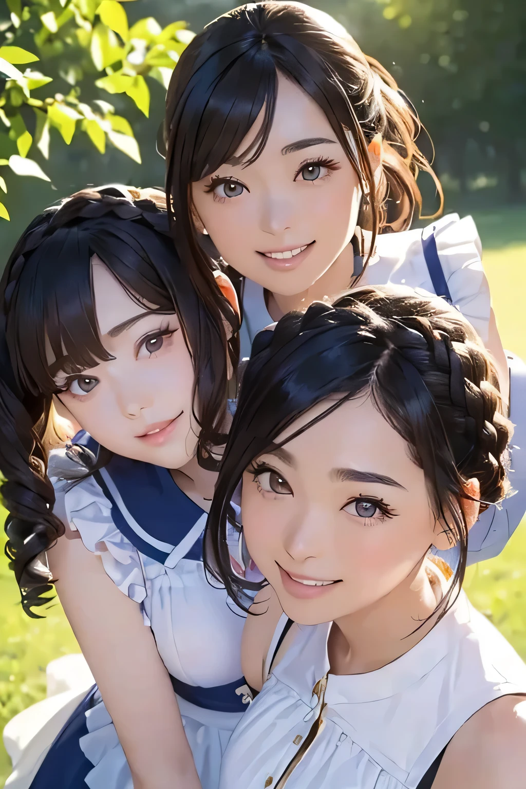 Highest quality、High resolution、Detailed Background、(Beautiful face in every detail:1.4)、Anatomically correct、Normal number of fingers、(Detailed facial expressions)、(Detailed eyes:1.2)、Teenage beauty、(Highly detailed face:1.4)、(Huge breasts:1.3)、Perfect body line、cute hair color、Braided bob cut、Braided Ponytail、cute hairstyle、well-groomed eyebrows、Sunny outdoors、A big smile、smile、A fun atmosphere、Cute gestures、

(Three beautiful girls standing together with their friends in A fun atmosphere:1.5)

Sailor-style maid dress with collar、Cardigan made of sheer material、cute
