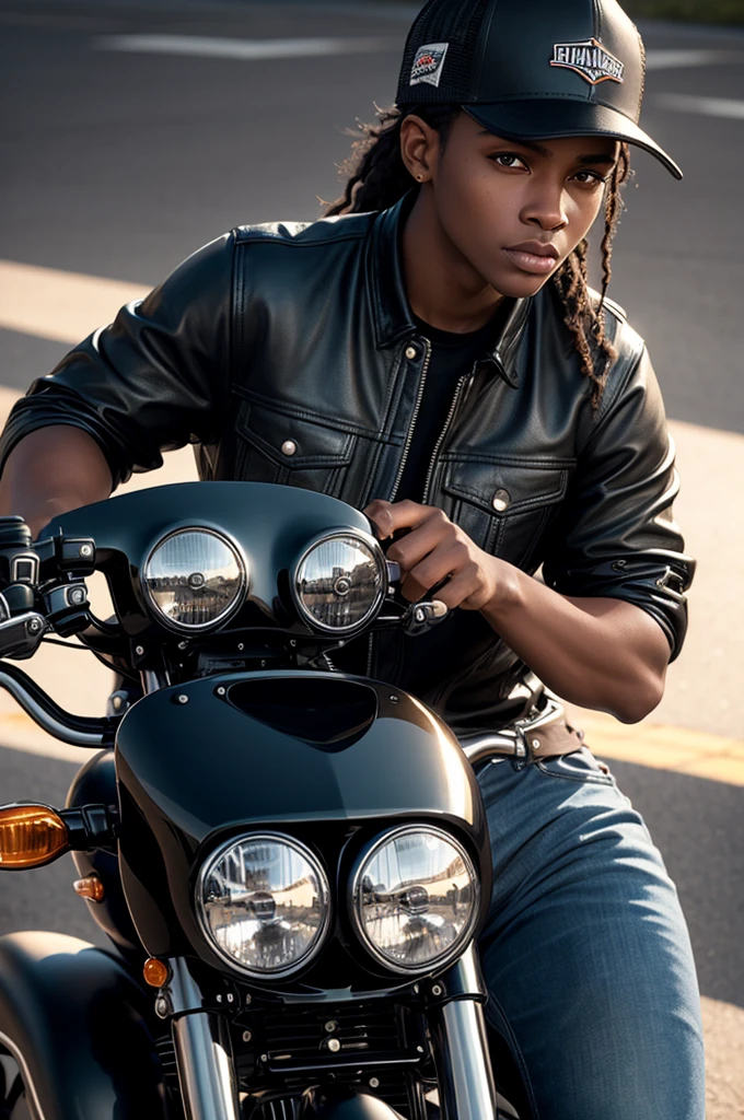 Beautiful black boy with dark eyes, perfect detailed, (black trucker cap on her head), perfect body, full body appearing in the photo, riding a super powerful (Harley Davidson) motorcycle, wonderful ultra detailed, realistic, vintage motorcycle, vintage details, high quality, side view, (full image not cropped), full total image, real detailed, photorealistic, ultra realistic, cinematic lighting, realistic scene, trucker cap