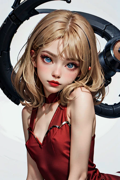 One girl, alone, (skinny:1.2), (Small breasts:1.2), (Straight hair, Medium Hair, Light blonde hair:1.2), (Bright Eyes, eyeliner, eye shadow, eyelash, Natural Makeup), Red dress, 