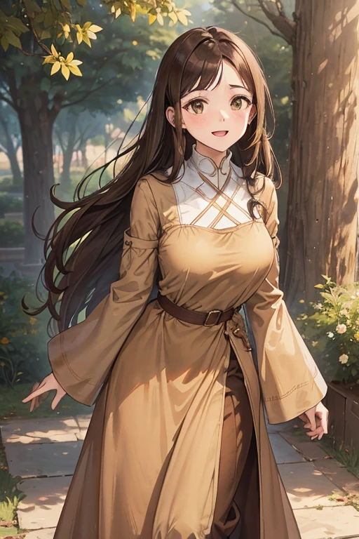 A straight haired brunette adult female standing on the ground, wearing loose brown smock dress with cuff sleeves, low neckline, medieval, brown hair, large long shaped tits, silly personalty, cute happy demeanor, sunny disposition, deredere,