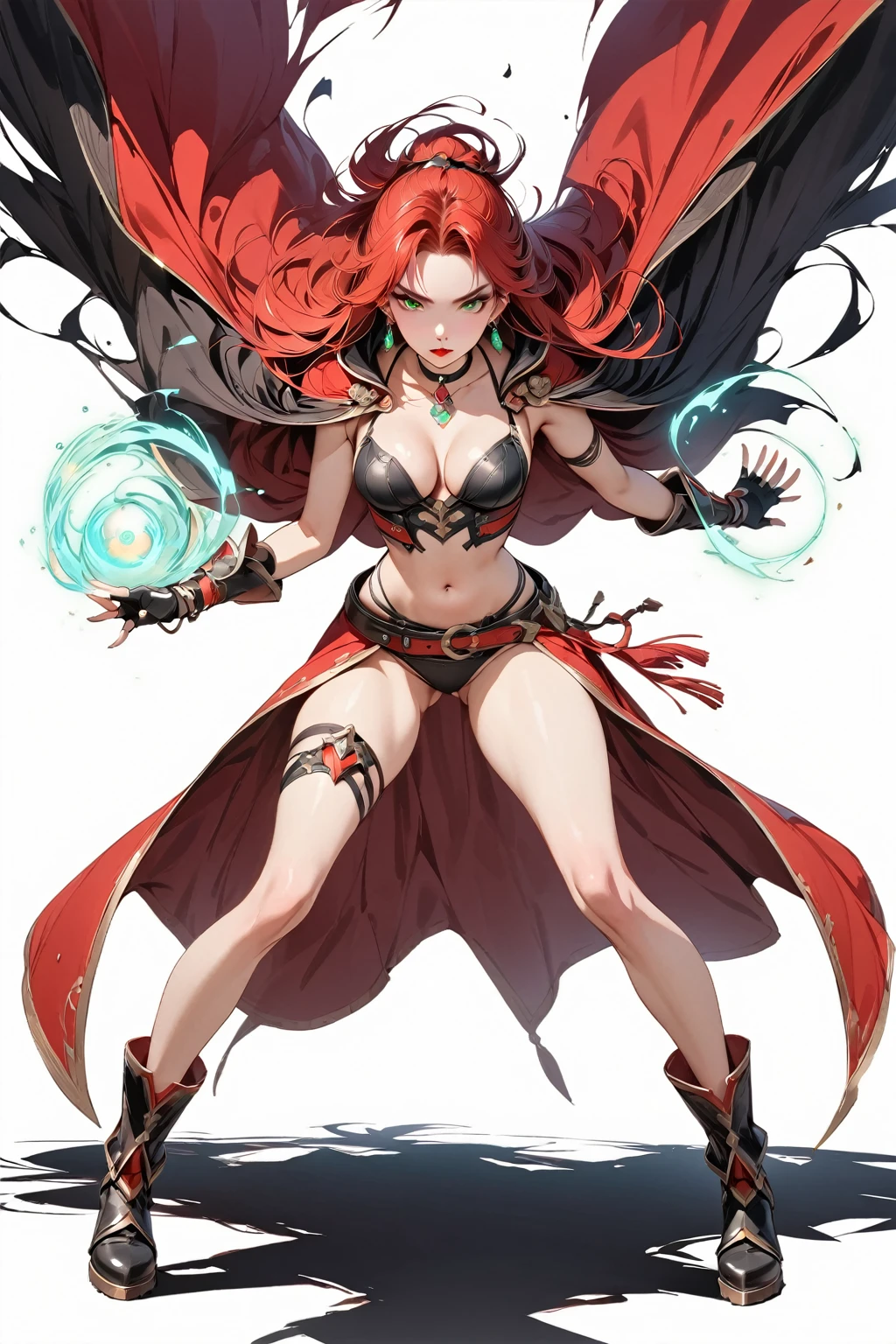 (masterpiece:1.2), (highest quality:1.2), 1girl, solo, red-hair, red-cape, breasts, green-eyes, long-hair, cape, navel, looking-at-viewer, jewelry, earring, belt, choker, gloves, magic, standing, ass-visible-through-thighs, boots, cleavage, closed-mouth, midriff, collarbone, red-lips, medium-breasts, legs-apart, makeup, thighs, full-body, simple-background, lipstick, revealing-clothes, black-choker, fingerless-gloves, black-gloves, waist-cape, shadow, lips, stomach, bangs, black-footwear, panties, armor, black-panties