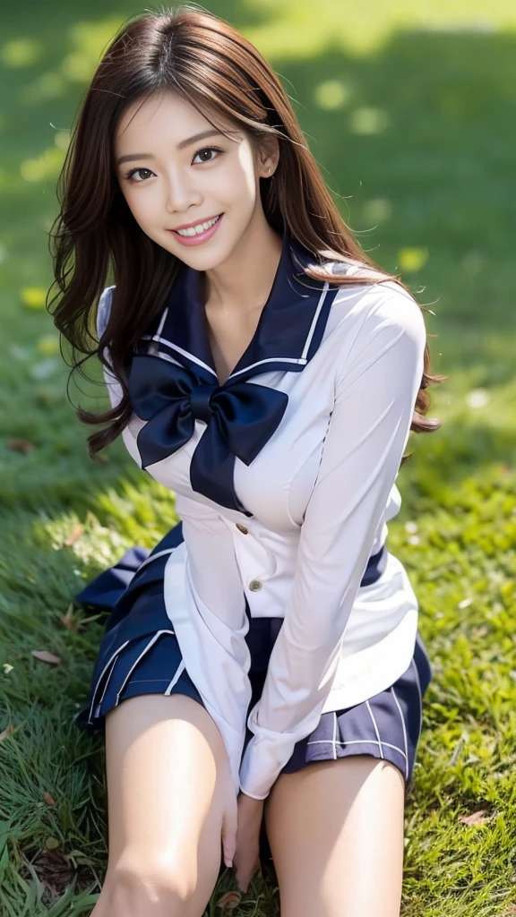 A scene of a busty black woman in a sailor uniform posing on the grass in the daytime on a sunny day, flashing her best smile.