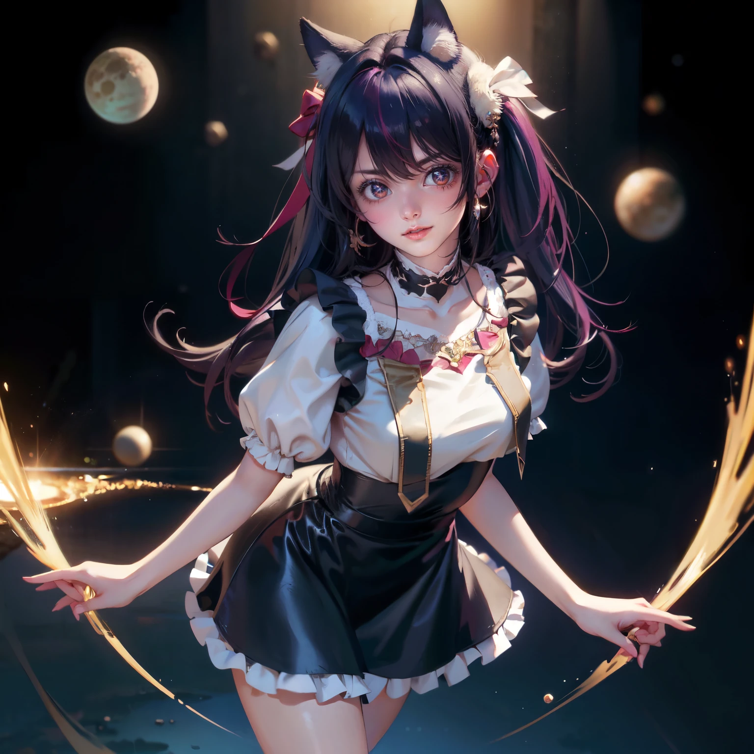 1girl, Ai Hoshino_(Oshi no Ko), centered girl, perfectly body, perfectly hands, solo, jewelry, magenta roses, rabbit jewel on her hair, ornament hair, twintails, rabbit jewel on her hair, purple hair, long hair, solo, white maid dress, jewelry, purple hair, flowing hair, long hair, maid dress with a short skirt and layers, white laces, white boots, white dress with transparency, gold details on her clothes, cat ears, animal ears,  more details, perfectly body, perfectly hands, two hands, two legs, two arms, five fingers, glowing hair, best quality, cat ears, animal ears, white gloves, cat tail, alone, maid headdress, choker, detached sleeves, maid dress, maid white dress, strapless, masterpeice, best quality, detailed face, night, asymmetrical gloves, bangs, white short skirt , earrings, elbow gloves, fishnet thighhighs, fishmasterpeice, solo, best quality, detailed face, hair between eyes, jewelry, looking at viewer, single earring, sky, sleeveless, solo, thigh boots, thighhighs, tongue, tongue out, uneven gloves, cat ears, animal ears, cat tail, solo, alone, Looking at the viewer, magenta roses on her hair, space scenery, maid, maid dress, magenta details, maid headdress, maid apron, purple hair, long hair, seat on the Saturn rings, more details on her clothes, gold details on her clothes, space, smiling, standing her hand to a viewer, looking at the viewer, in the background a several asteroids glowing with fiery auras, Dramatic lighting from distant stars and planets illuminates the scene, looking at the vast and mysterious universe, cowboy shot, upper body portrait, more details, sparkle