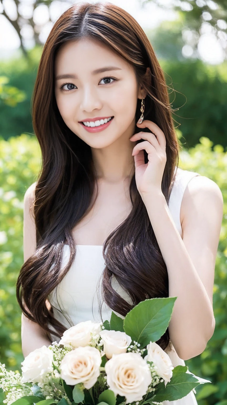 Create an image of a young woman around 25 years old, inspired by the provided image. The woman should have long, flowing hair and a gentle smile, holding a bouquet of flowers similar to the one in the reference. The setting should be a beautiful outdoor environment with greenery in the background, reminiscent of a sunny day. The woman should have a slightly more mature appearance while maintaining a warm and friendly expression. Ensure the lighting and color tones are soft and natural, highlighting her youthful yet mature beauty.