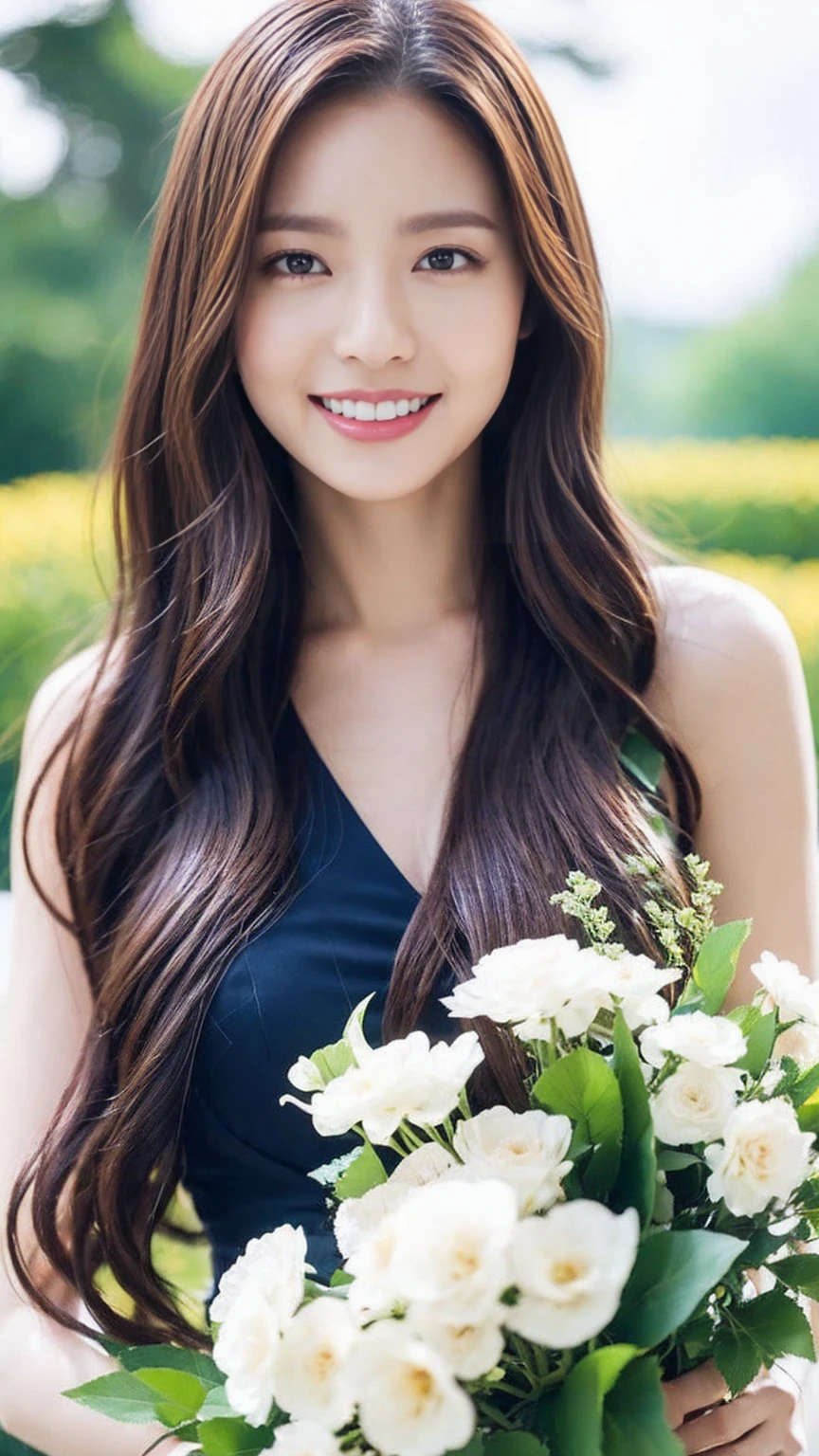 Create an image of a young woman around 25 years old, inspired by the provided image. The woman should have long, flowing hair and a gentle smile, holding a bouquet of flowers similar to the one in the reference. The setting should be a beautiful outdoor environment with greenery in the background, reminiscent of a sunny day. The woman should have a slightly more mature appearance while maintaining a warm and friendly expression. Ensure the lighting and color tones are soft and natural, highlighting her youthful yet mature beauty.