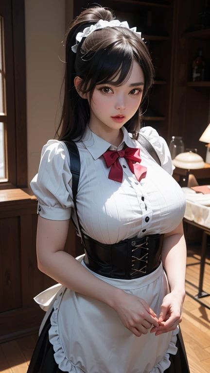 (best quality,4K,8K,high resolution,masterpiece:1.2),Extremely detailed,(Practical,photoPractical,photo-Practical:1.37),Human Development Report,Ultra HD,Studio Lighting,Super Fine,Clear focus,Physically Based Rendering,Extremely detailed的描述,professional,Bright colors,Bokeh,portrait,1 girl,((Cat's Eye)),(Ponytail),(Ribbon),(maid),咖啡店1 girl, Purple and blackish hair, Large Breasts, (((Full and soft breasts,)))(((Huge breasts))) (((Cleavage))) (Perfect curvy figure),Sexy body, Angry face, Wear , Wear
