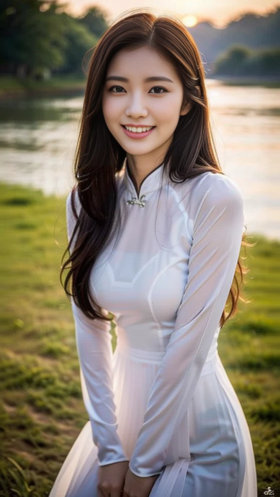 (a beautiful Chinese lady, age 22, Vietnamese traditional dress lime Ao Dai, magnificent Sunset at Vietnam's Mekong River, kind expression, dimpled smile, cute snaggle-tooth, beautiful detailed face, beautiful detailed eyes, ample round bosom, photorealistic, hyper-realism, high contrast, ultra HD, realistic skin textures, top image quality, top-quality, super high resolution, fine details, very meticulously, masterpiece, head to knees, the Cowboy shot, soothing atmosphere, misty background)