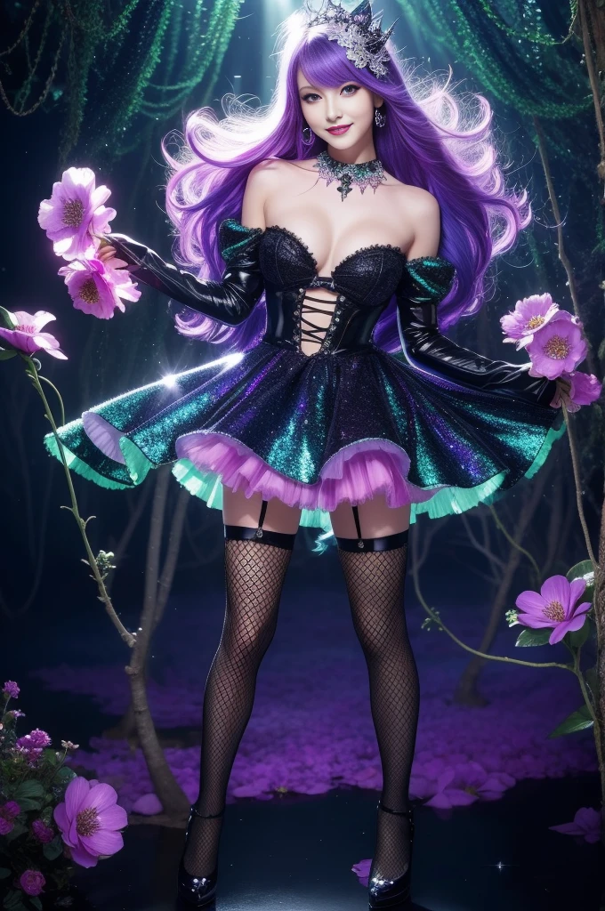 beautiful Swedish Model who controls poison、beautiful smile、lipgloss、intense makeup、look at the camera、full body Esbian、、sparkling poisoned flower costume、、、、shiny sparkling multicolor hair、secrete poison、skull hair accessories、fishnet tights、shiny sparkling dark magic forest background