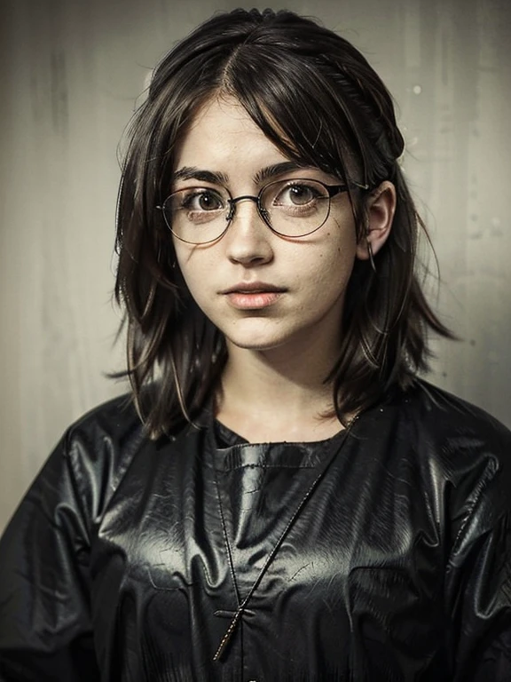 photo portrait of a young chubby Russian girl 22 years old, corneal reflections, Detailed leather texture, lump on the skin, fuzz on the skin, beautiful tired face, An indifferent expression on his face, spiky hair, very tousled semi-long brown tousled hair (rebellious late 80s hairstyle, shaved temples), amber eyes, ((glasses with lenses in black frames)), looking into the camera with the interest of a predator, Squint, a little crazy sparkle in the eyes, bare leather apron, muscular arms, Graceful fingers, almost imperceptible one-sided grin, in a hospital room(Morgue), a dark room, depth of field, backlight, free pose 