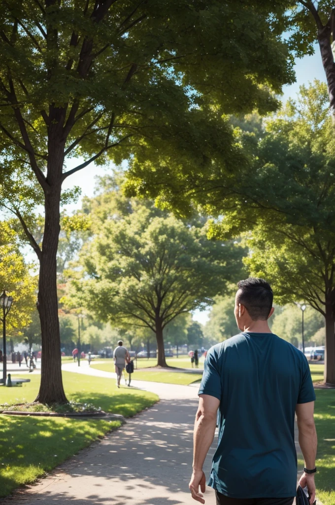 American man, 39 years old, walking in the park