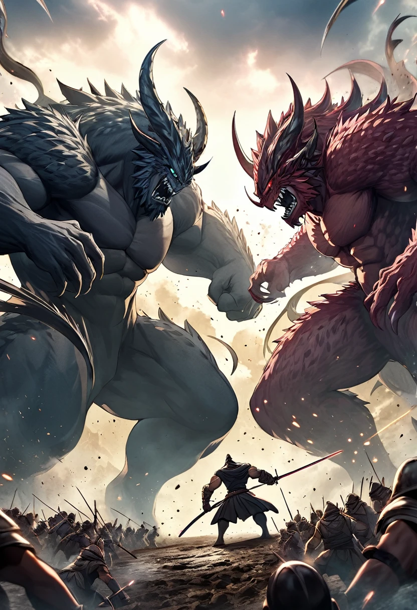 Dueling monsters, strong and imposing, illustrated in a battle scene.