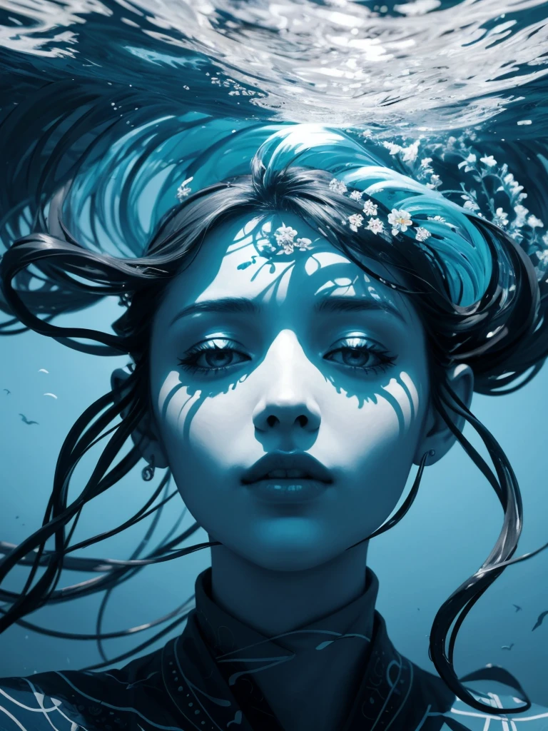 (best_quality, masterpiece:1.2), (detailed), (4k, 8k, uhd, high_resolution, highres), 1girl, flowers, flat color, abstract, ornate, blue theme A great collapsing ocean, shades of blue, feeling of depth, choppy water. It is possible to observe a face forming, c4nd1c3sw