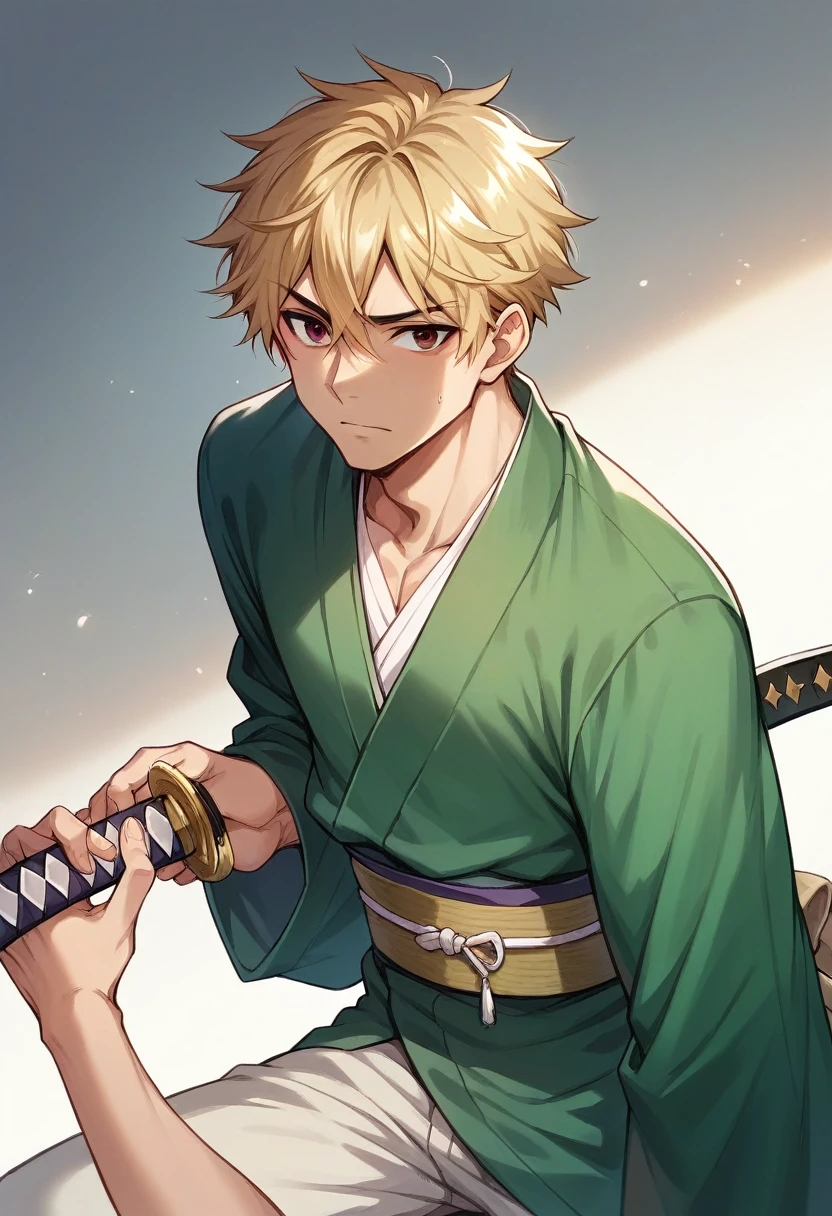 boy, blond, brown eyes, green kimono, haramaki, katana