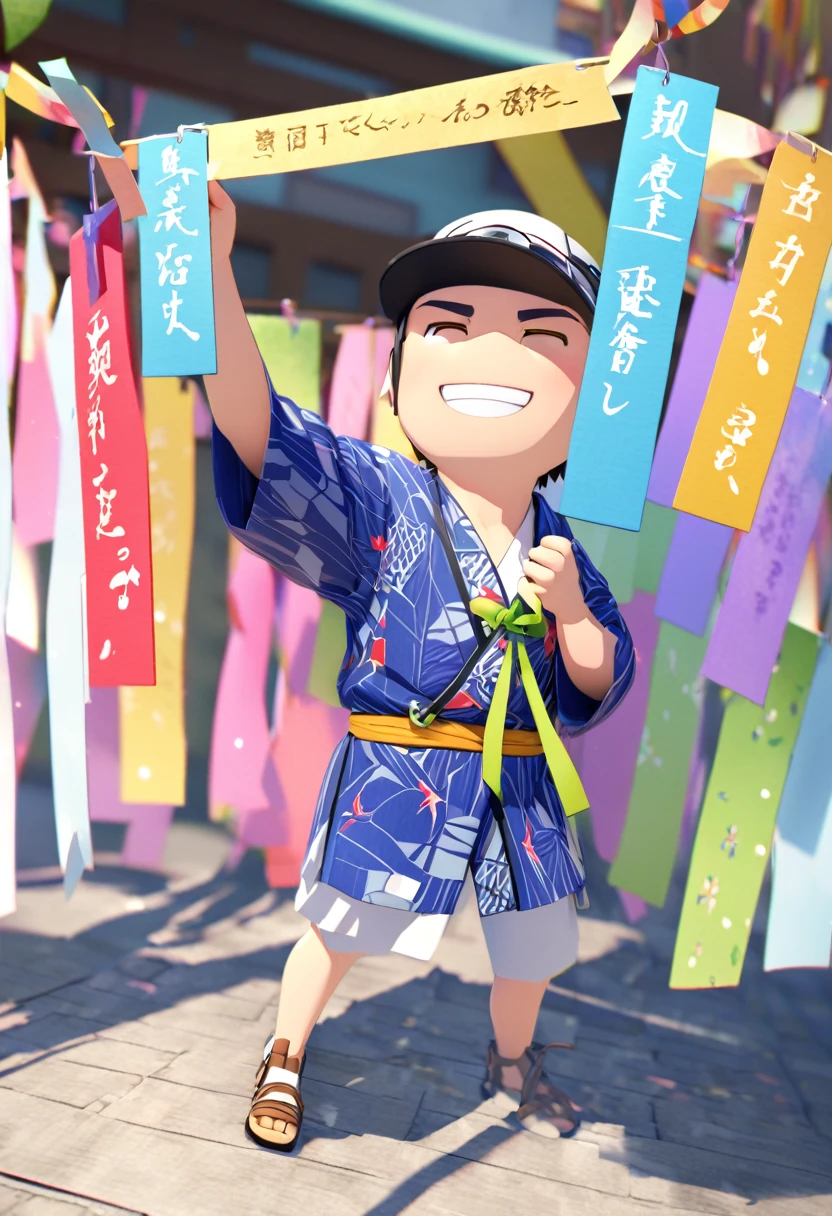 Tanabata Hikoboshi、Blue kimono full body、Please draw a cool guy Make it 3D