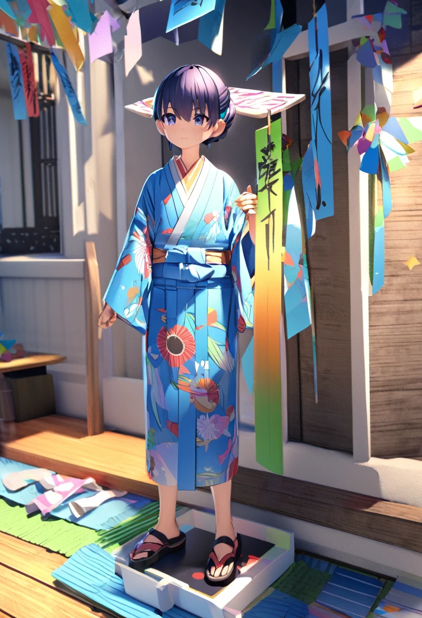 Tanabata Hikoboshi、Blue kimono full body、Please draw a cool guy Make it 3D