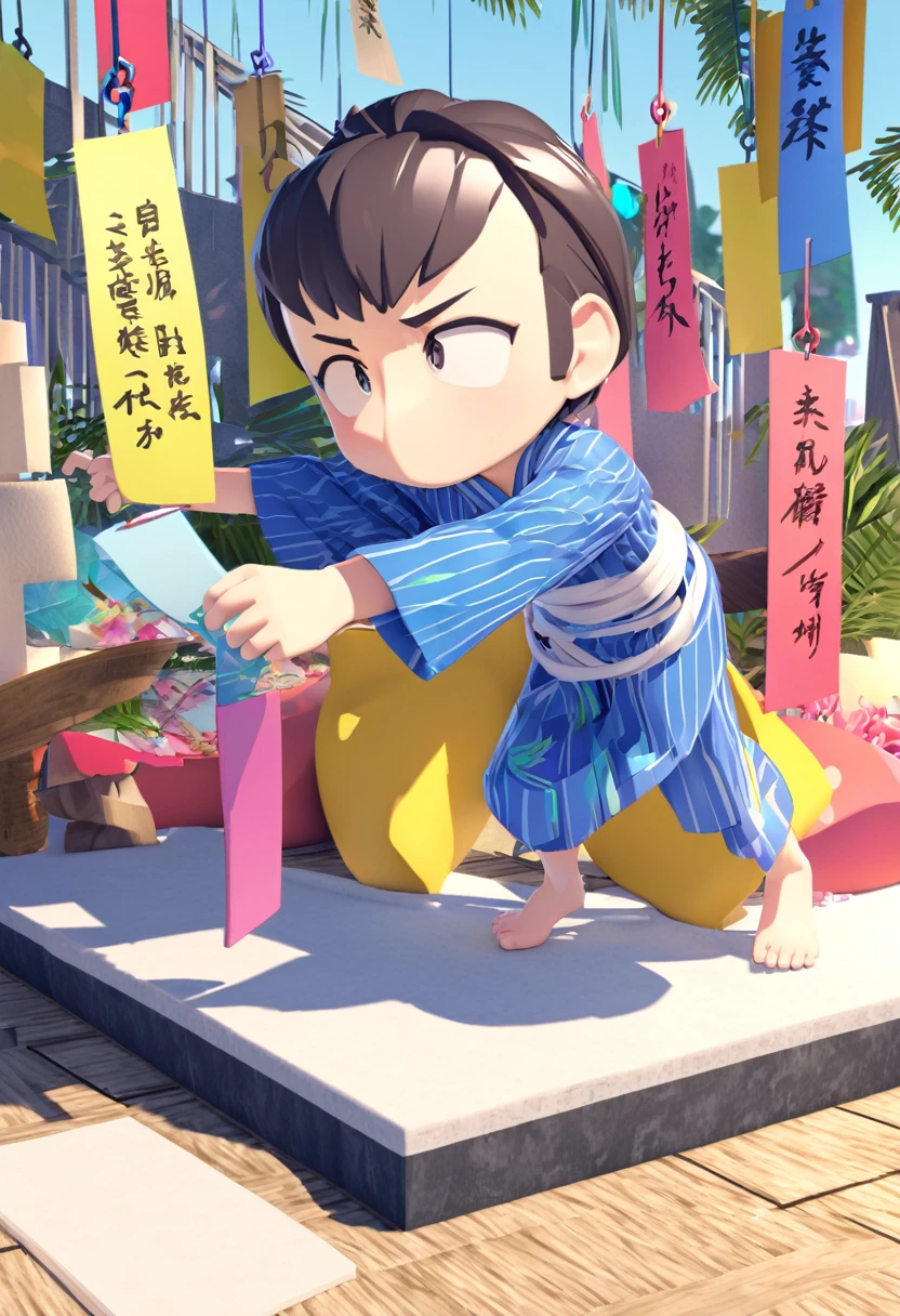 Tanabata Hikoboshi、Blue kimono full body、Please draw a cool guy　Make it 3D