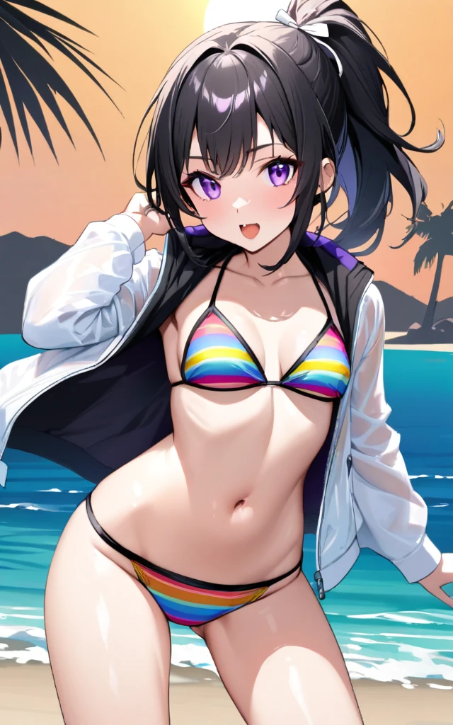 (masterpiece)、(absurdres)、(ultra detailed)、(solo adult lady、shiny black hair、shiny purple eyes、short highponytail
、1white ribbon:1.mall bre8、cowboy shot,sun、Resort beach background、BREAK,colorful stripes bikini,BREAK,A simple, lightweight jacket、