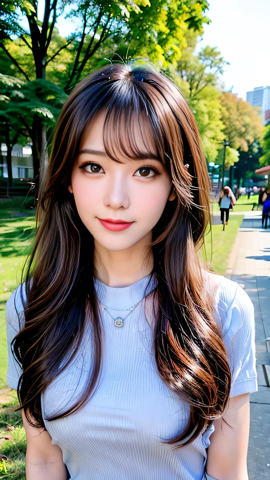 seed:4195271995,((Full Body Angle:1.1)),((Highest quality, 8K, masterpiece: 1.3)), concentrated: 1.2,Front hair:1.3, Cute girl 1,Nipples erect、 Perfect beauty: 1.4,Colorful ribbed knit half-zip T-shirt、Shorts,: 1.2,Randall Color、comics&Text Graphics、Black,1.1, Highly detailed face and skin textures, Fine grain, double eyelid, whitening skin, ,Highest quality,Ultra-high resolution,you,1 girl,alone,_Shiny_skin,Iris,necklace,((brown_length_Wavy_hair)),(lips)),eyelash,Front hair,deal with,compensate,Shiny,pore,skin big breasts、(smiling face)、Front hair、Walking in the park、walk