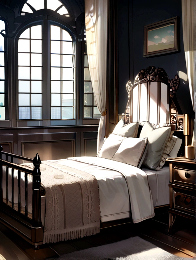 room、White bed、machine、Chair、window、cushion