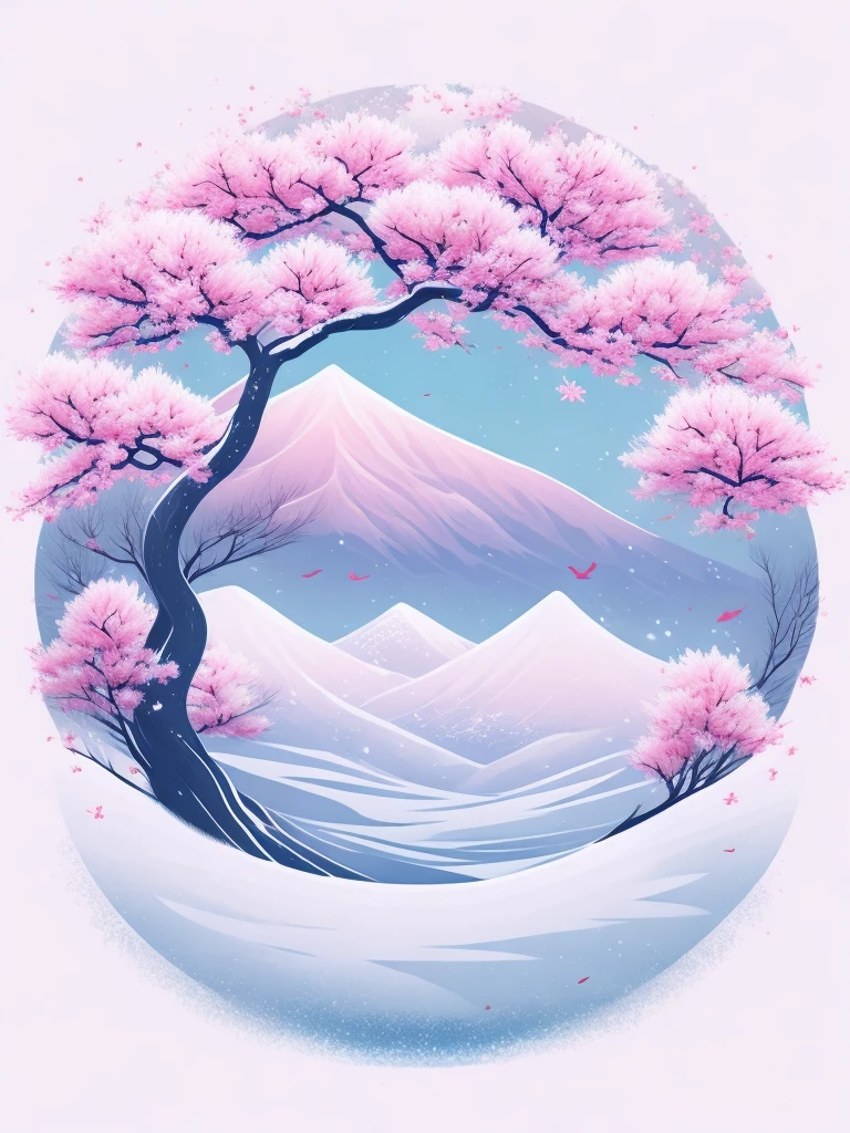 a sakura in a winter landscape, t-shirt design, rzminjourney, until 