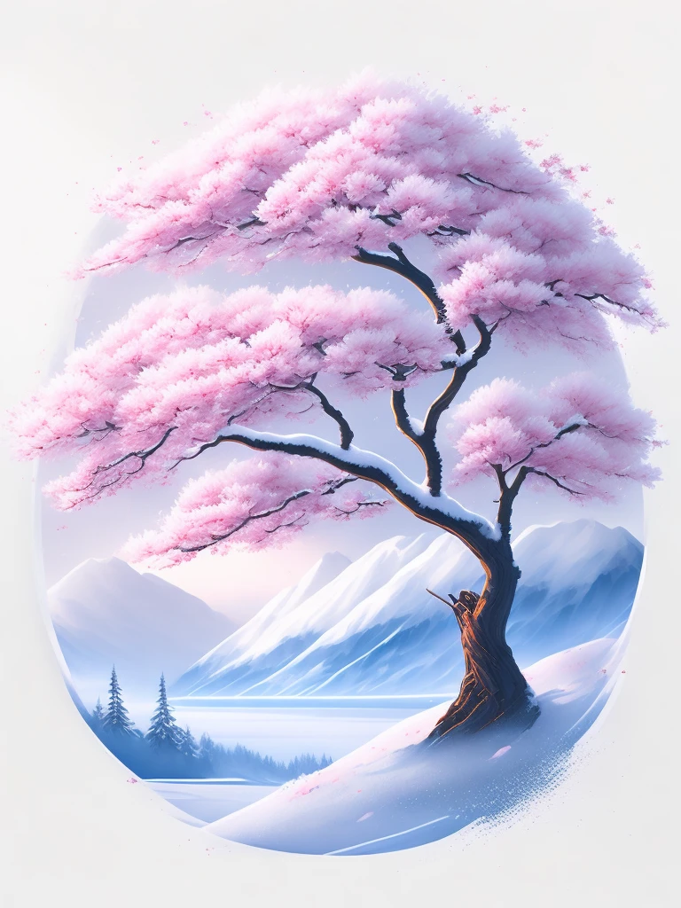 a sakura in a winter landscape, t-shirt design, rzminjourney, until