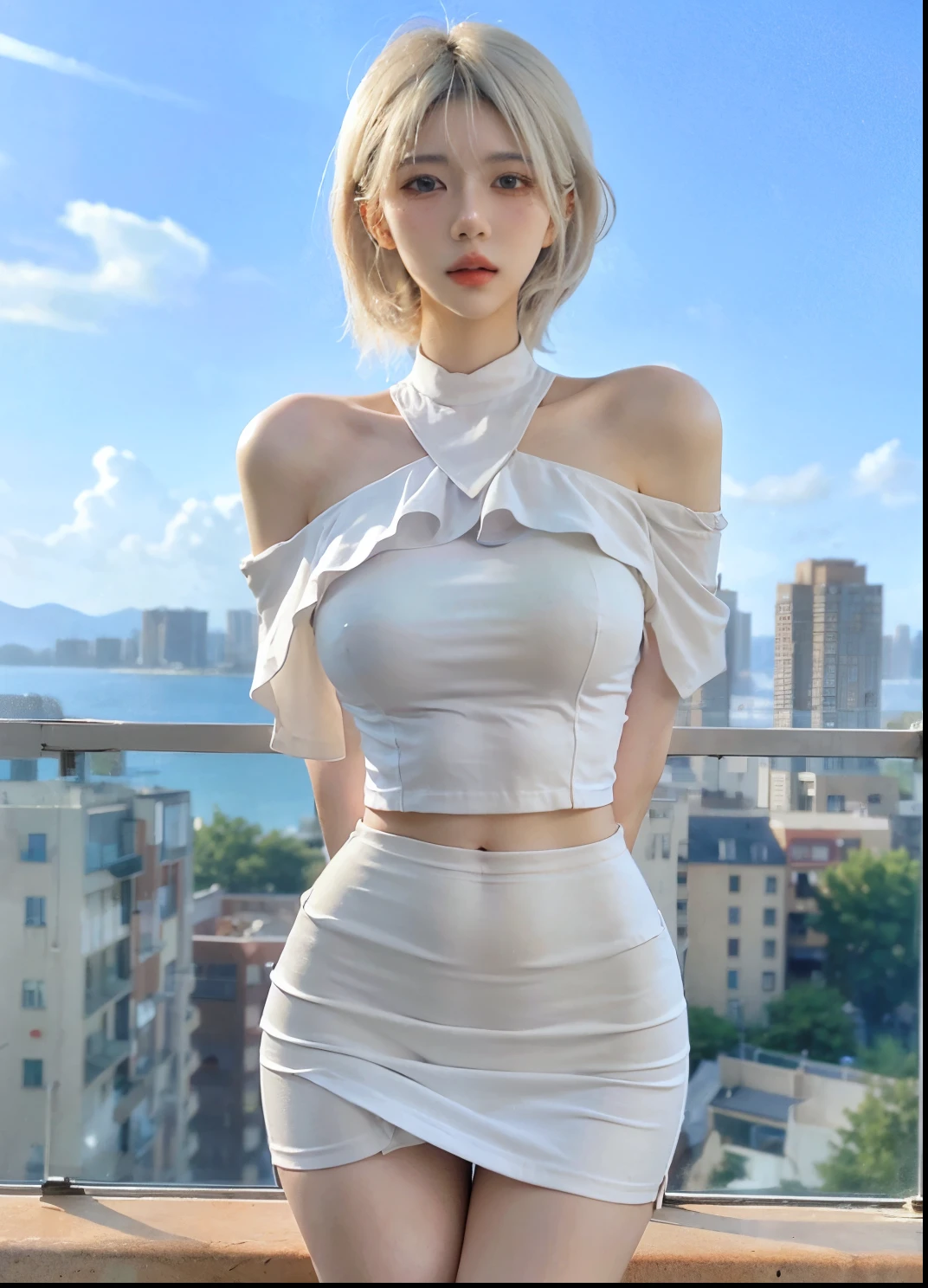 Beautiful woman with perfect figure:1.4,Ultra-high resolution,White legs,Put your hands behind your back,Swimming background,Big breasts:1.6,(Realism:1.4),perspective,Layered hairstyle,Snow white skin,JK:1.5,Super short pleated skirt,whole body:1.4,Very delicate and skin texture,Double eyelids,Skin Whitening,Long hair,White hair