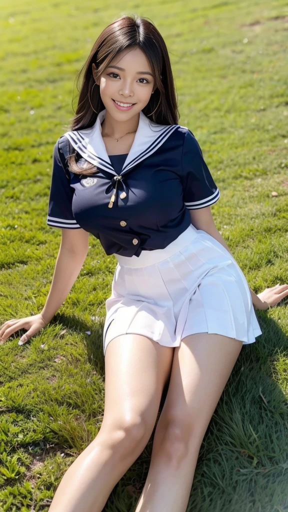 A scene of a busty black woman in a sailor uniform posing on the grass in the daytime on a sunny day, flashing her best smile.