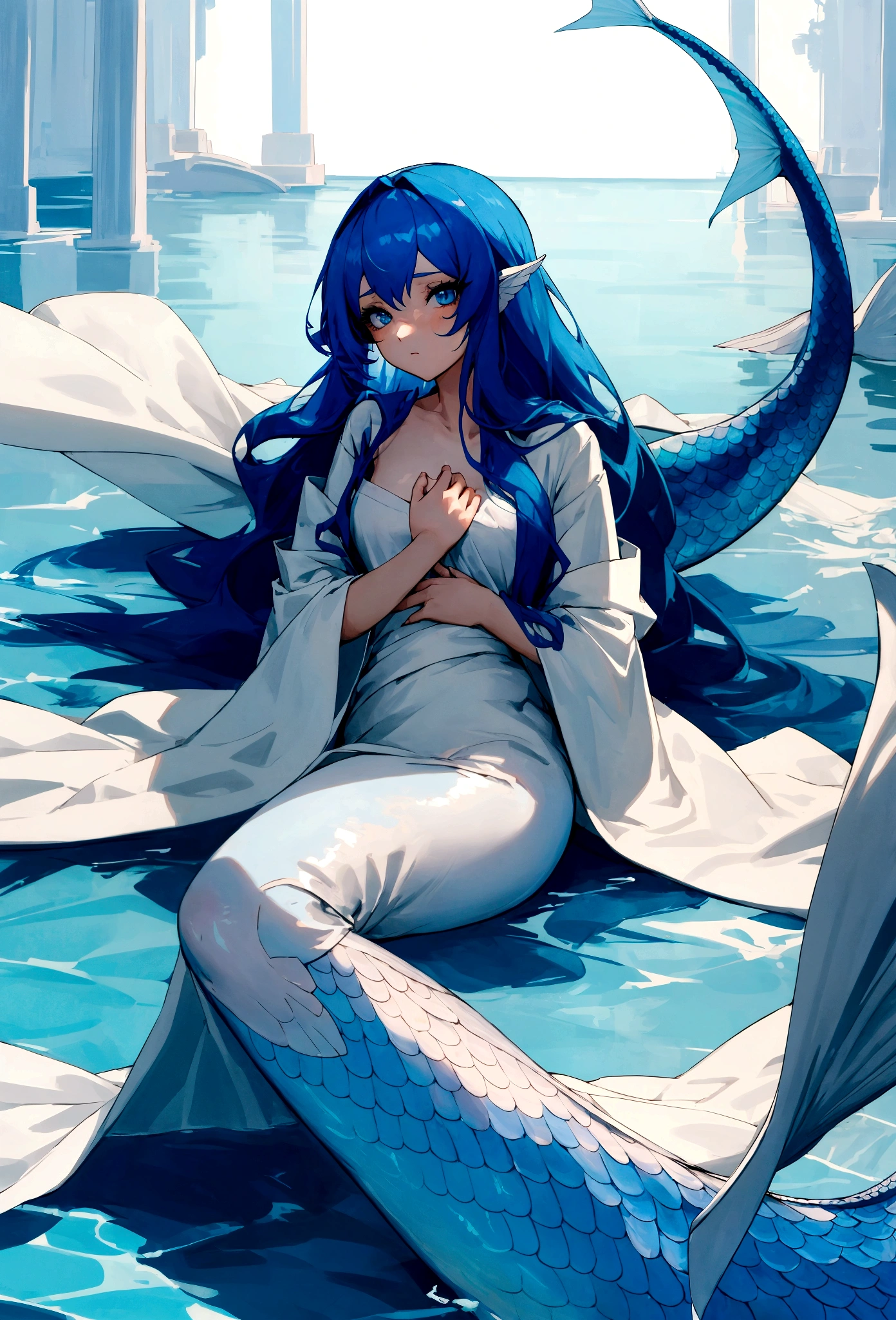 full-length, beautiful and pretty girl, mermaid legs, blue hair, calm gaze, disheveled hair, long arms, bare chest, white robe