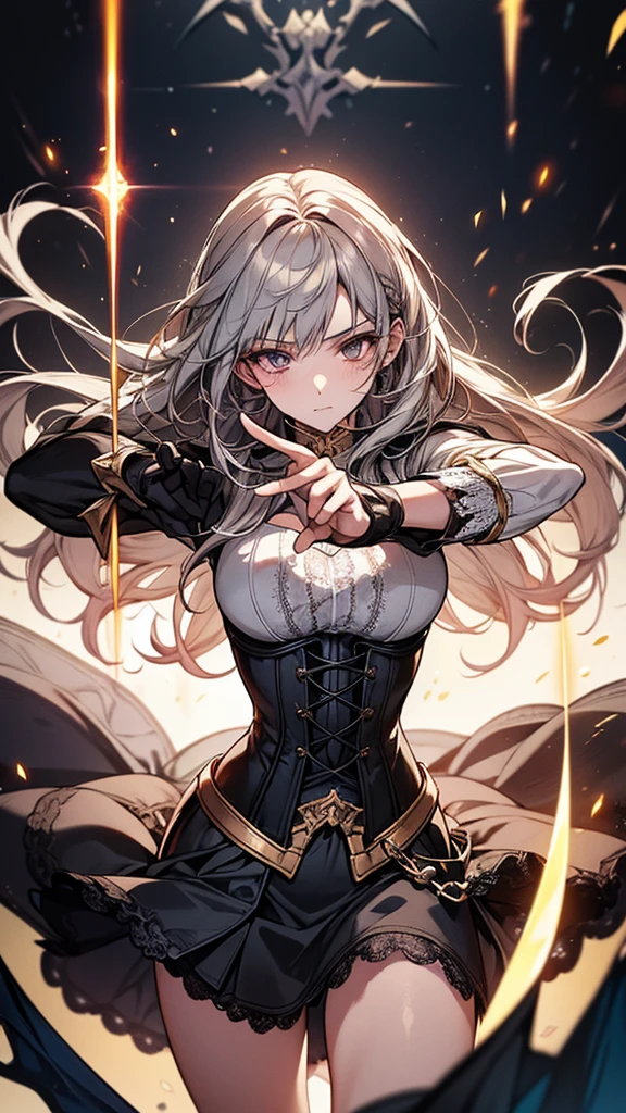 masterpiece, best quality, Mature women,, gray hair, Long Hair Flying，fantasy, middle Ages, On the war zone, dynamic poses, Beautiful and detailed light，black corset，White miniskirt，Lace exposed，Golden eyes，There are blue sword lights all around，silence