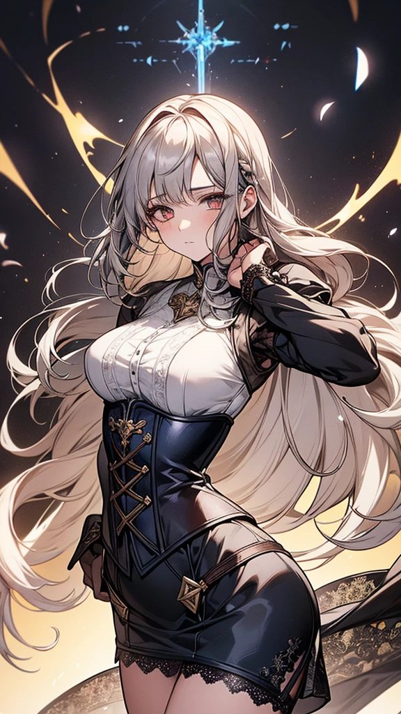 masterpiece, best quality, Mature women,, gray hair, Long Hair Flying，fantasy, middle Ages, On the war zone, dynamic poses, Beautiful and detailed light，black corset，White miniskirt，Lace exposed，Golden eyes，There are blue sword lights all around，silence