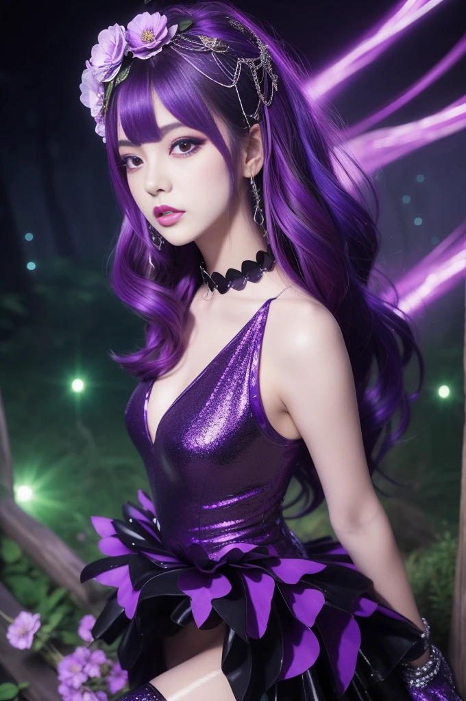 sexy stylish woman who controls poison、lipgloss、intense makeup、look at the camera、full body Esbian、、sparkling poisoned flower costume (purple)、、、、shiny sparkling multicolor hair、secrete poison、skull hair accessories schnet tights (purple)、shiny sparkling dark magic forest background
