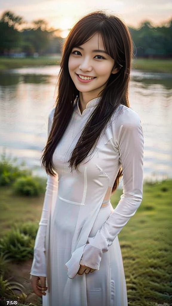 (a beautiful Chinese lady, age 22, Vietnamese traditional dress lime Ao Dai, magnificent Sunset at Vietnam's Mekong River, kind expression, dimpled smile, cute snaggle-tooth, beautiful detailed face, beautiful detailed eyes, ample round bosom, photorealistic, hyper-realism, high contrast, ultra HD, realistic skin textures, top image quality, top-quality, super high resolution, fine details, very meticulously, masterpiece, head to knees, the Cowboy shot, soothing atmosphere, misty background)