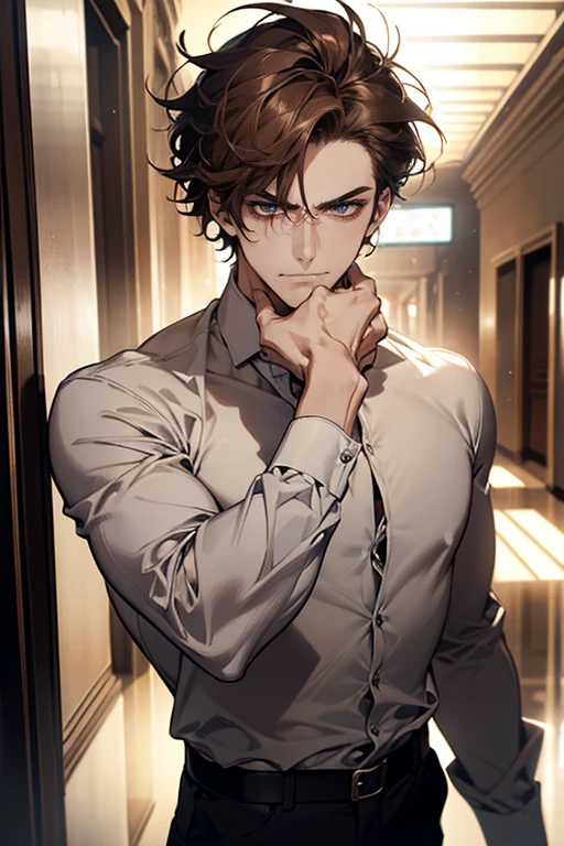 (tmasterpiece, high resolution, ultra - detailed:1.0), (1 male, masculine face), Perfect male body, tall and strong, Adult male, Delicate eyes and delicate face, Extremely detailed CG, Unity 8k wallpaper, Complicated details, Detailed face, (brown hair, messy hair, serious faces, white shirts, CEO), (frown, expression in love smile:1.3), corridor, street style, color difference, Depth of field, dramatic shadow, Ray tracing, Best quality, Cinematic lighting, offcial art,Portrait