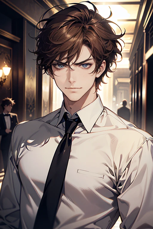 (tmasterpiece, high resolution, ultra - detailed:1.0), (1 male, masculine face), Perfect male body, tall and strong, Adult male, Delicate eyes and delicate face, Extremely detailed CG, Unity 8k wallpaper, Complicated details, Detailed face, (brown hair, messy hair, serious faces, white shirts, CEO), (frown, expression in love smile:1.3), corridor, street style, color difference, Depth of field, dramatic shadow, Ray tracing, Best quality, Cinematic lighting, offcial art,Portrait