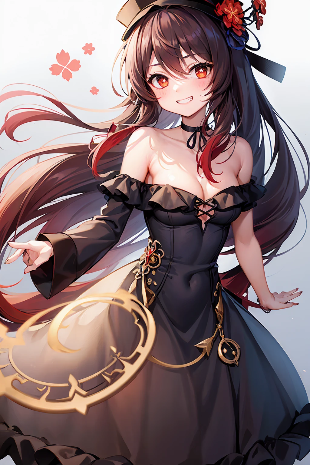 1girl, hu tao (genshin impact), hat, flower on hat,brown hair, twintails, smile, dress, long hair, off-shoulder dress, ahoge, looking at viewer, red dress, bare shoulders, grin, red eyes, flower-shaped pupils, blush, bangs, breasts, choker, collarbone, solo, nail polish, black nails, ribbon choker, bow, hair between eyes, hair ornament, sidelocks, cleavage, wrist ribbon, very long hair, teeth, cowboy shot