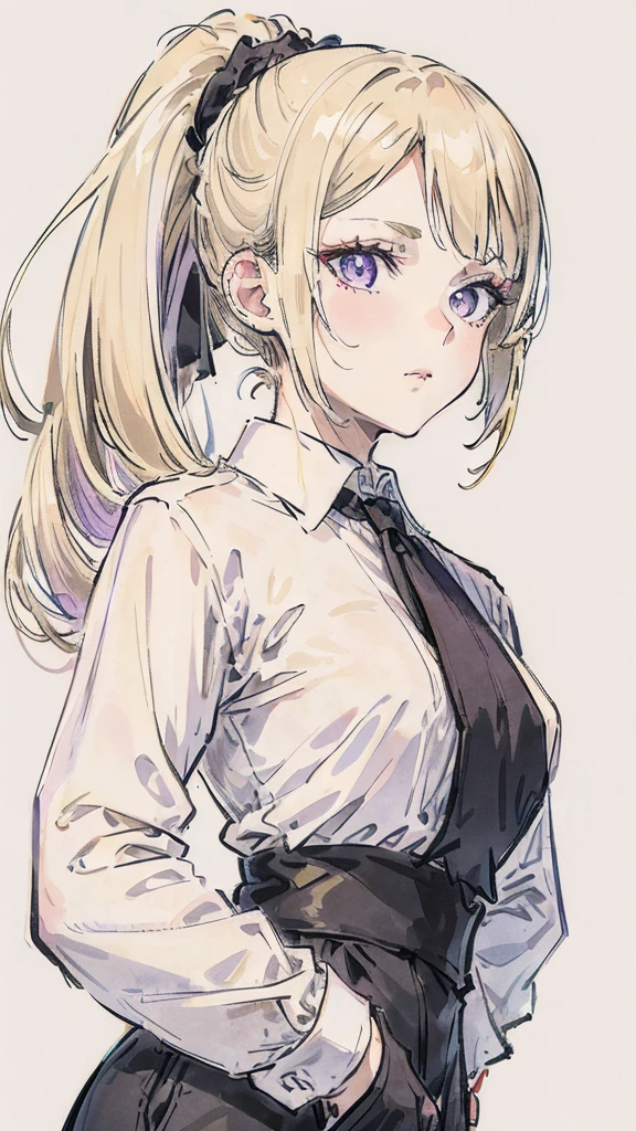 Create a beautiful light blonde woman, with her hair tied in a ponytail down her neck, with a few loose strands framing her face, pale skin, violet eyes, with a white long sleeve button down shirt, black tie and black pants, with a soft smile