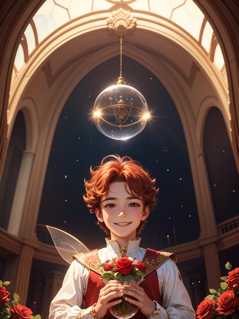 Best picture quality, fairy tale world, young 5 year old prince of the stars, single red rose, glass dome with red rose in it being held very carefully, happy smile, best smile, very pretty boy, amazingly very large round shining eyes, chestnut hair, desert in background,