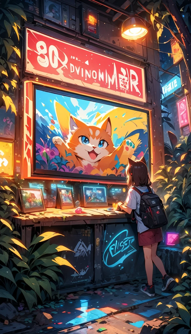 Anime style graffiti style., Adventurous cat, dense jungle, holding a machete . Vibrant, urban, detailed, Label, high quality photography, 3 point lighting, flash with light box, 4k, Canon EOS R3, HDR, seeds, sharp focus, high resolution, award-winning photo, 80mm, f2.8, bokeh
