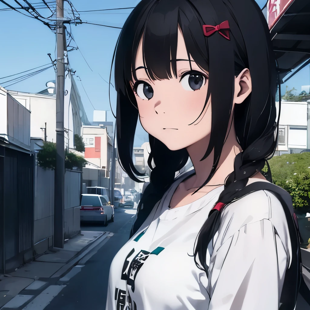 Spiteful eyes、、Black Hair、blunt bangs、White shirt、 hatsune miku,1 girl, 2D CG, Advanced digital anime art, anime character