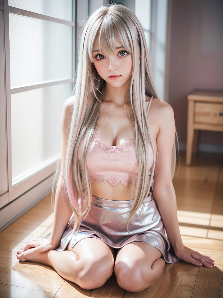 8K, RAW Photos, Beautiful woman, ((Straight Long Hair)), ((Silver Blonde Hair)), ((With bangs)), ((Big eyes)), ((Pink blush)), Highly detailed skin, barefoot, mini skirt, Thighs, High resolution, Film Grain, Bright lighting, indoor