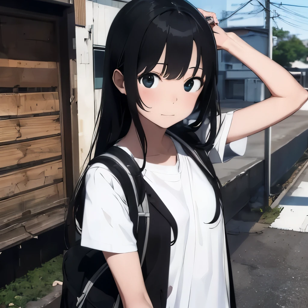 Spiteful eyes、、Black Hair、blunt bangs、White shirt、 hatsune miku,1 girl, 2D CG, Advanced digital anime art, anime character