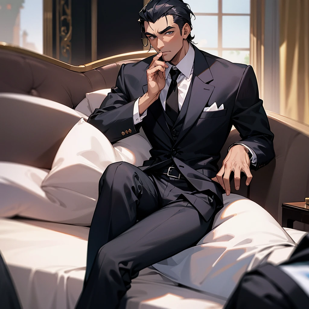 Black man in suit sitting mobster