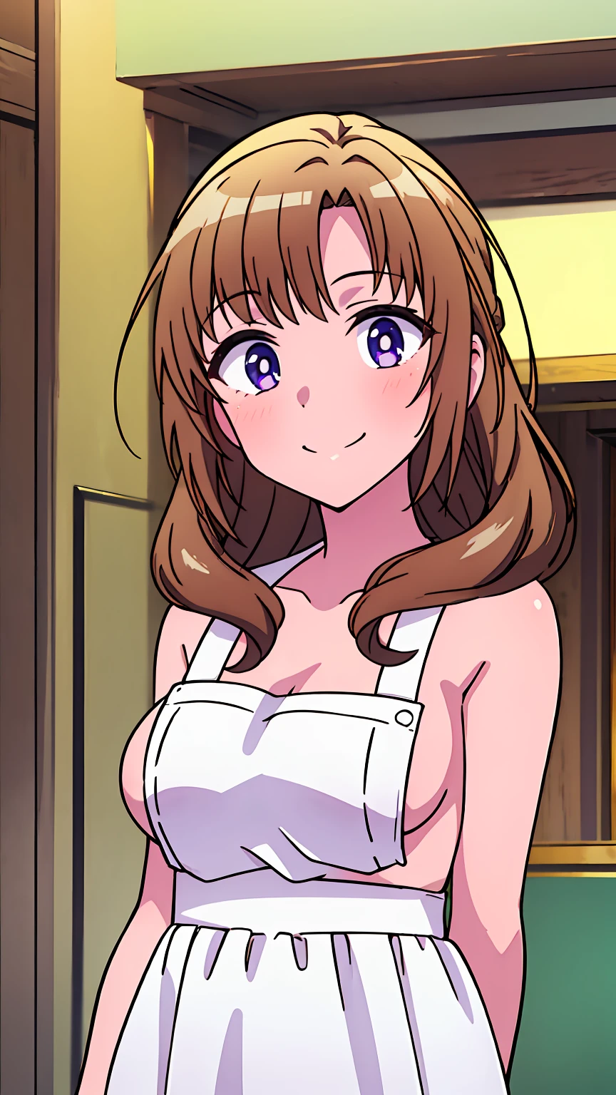 masterpiece, (best quality), 8k uhd, girl, (mamako oosuki), (naked),brown hair, long hair, (hair down), purple eyes, mature female, white shirt, pants, sweater, big breasts, ribbon, sexy woman, smile, (suspender naked apron), apron only,embarrassed, blush, bare shoulders, vibrant colors , natural lighting, beautiful, (detailed face:1.2), showcase, (perfect eyes:1.1) , (photorealistic:1.1), looking at viewer, outdoors