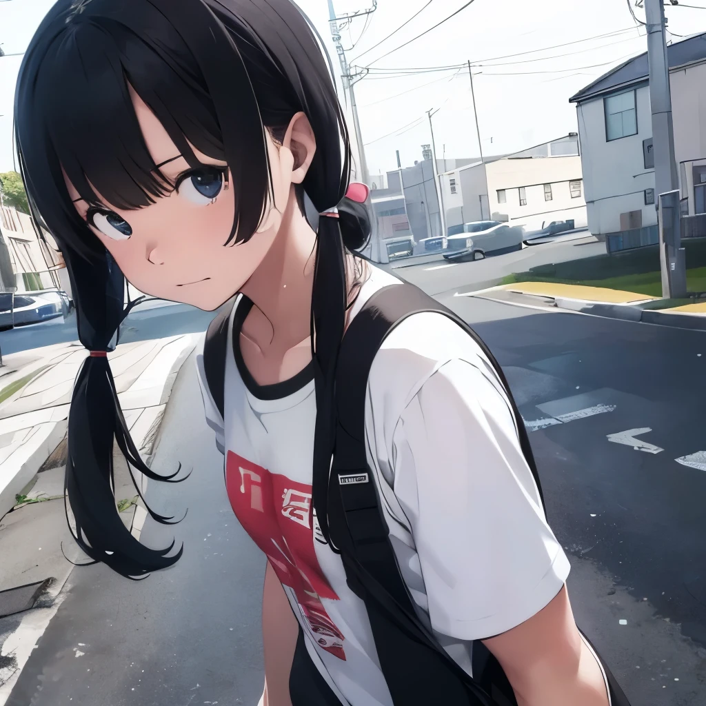 Embarrassed、Black Hair、blunt bangs、White shirt、 hatsune miku,1 girl, 2D CG, Advanced digital anime art, anime character