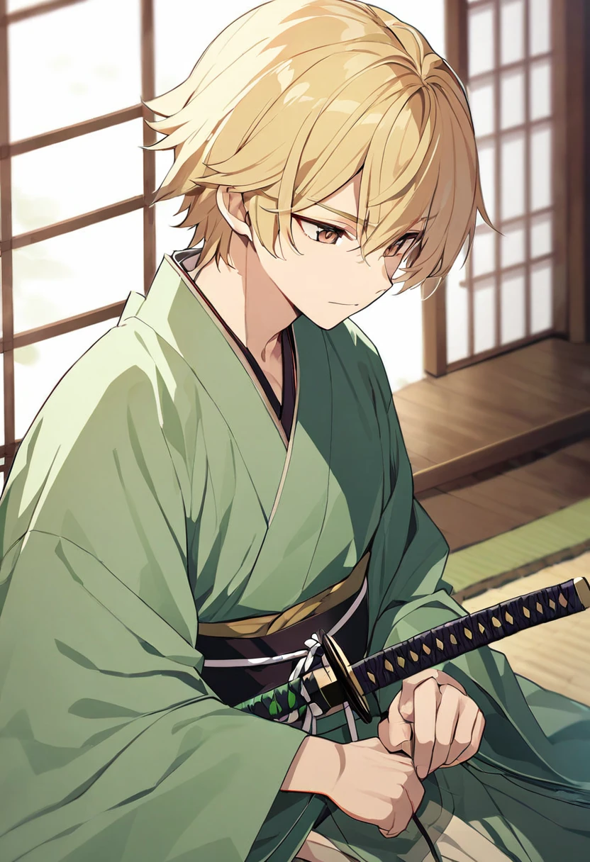 boy, blond, brown eyes, green kimono, haramaki, katana