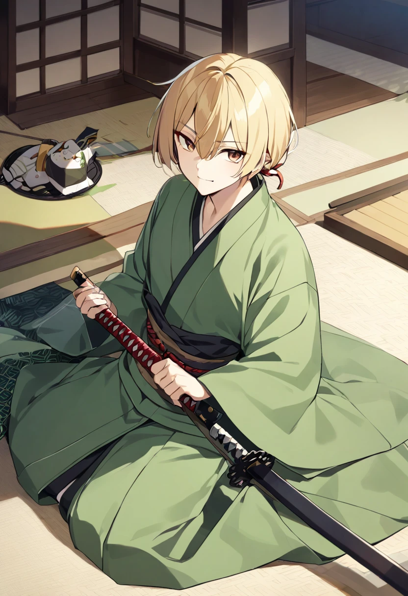 boy, blond, brown eyes, green kimono, haramaki, katana