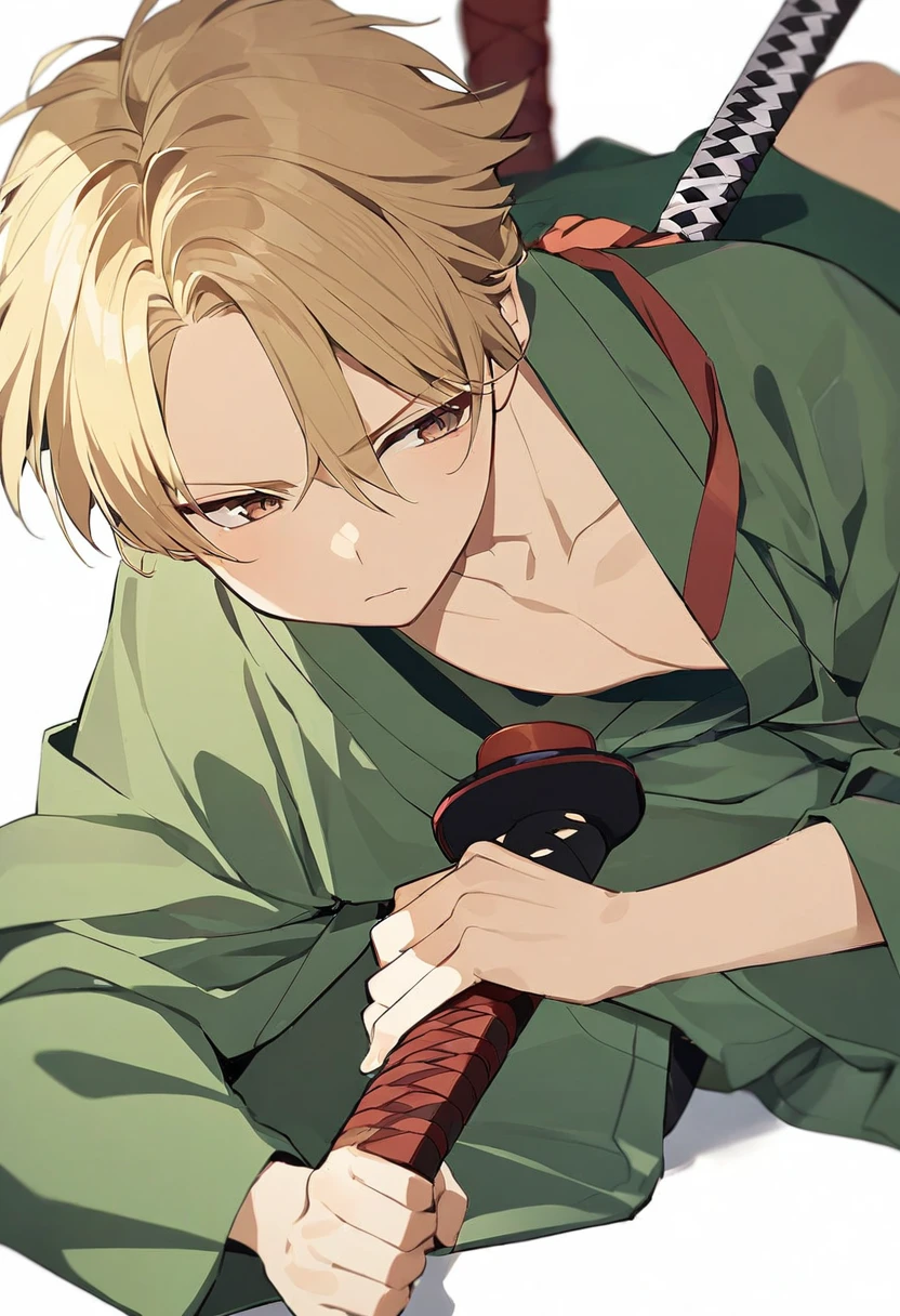 boy, blond, brown eyes, green kimono, haramaki, katana