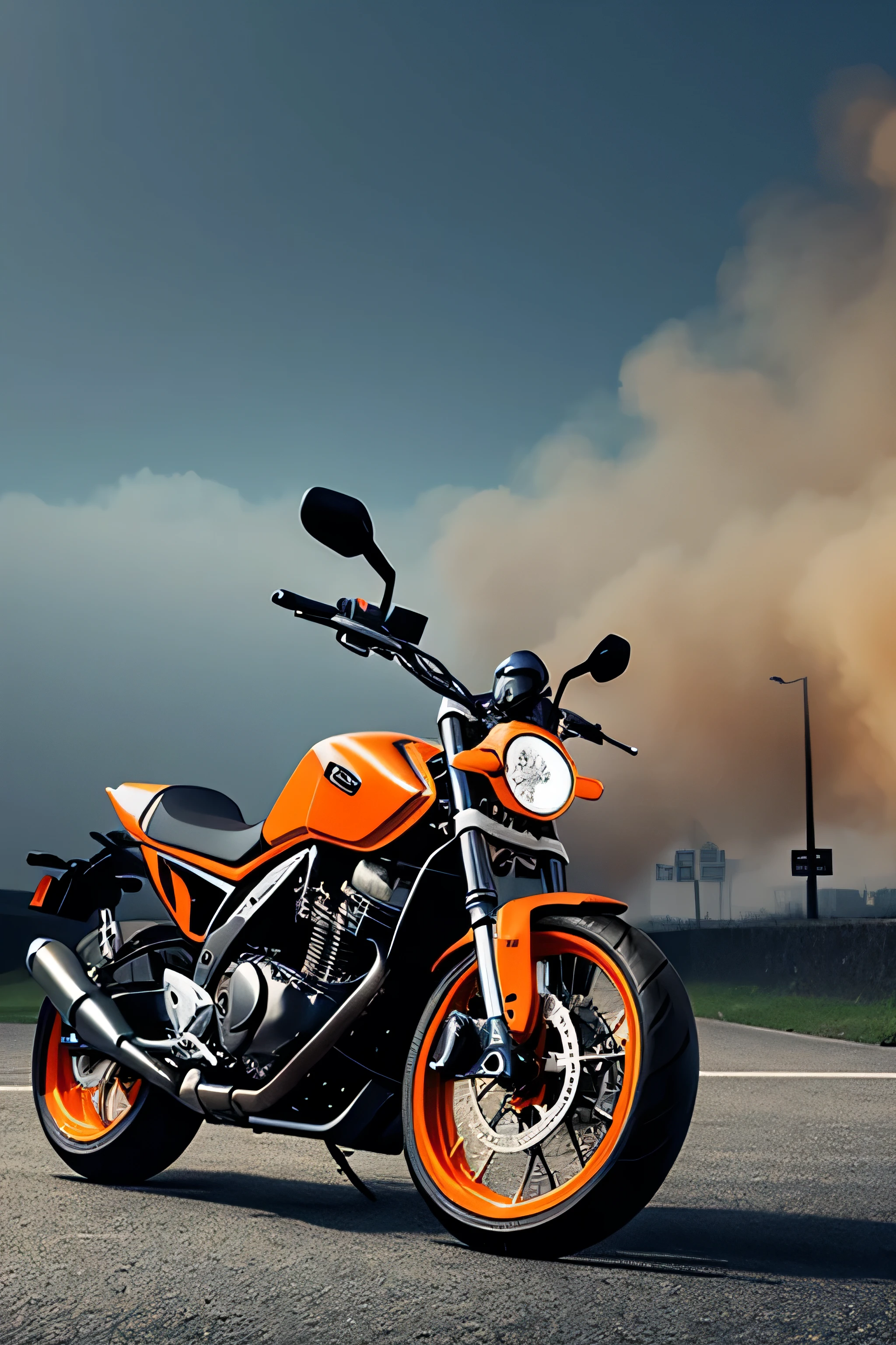 Generate orange motorcycle image, blowing smoke out of the tires, urban style
