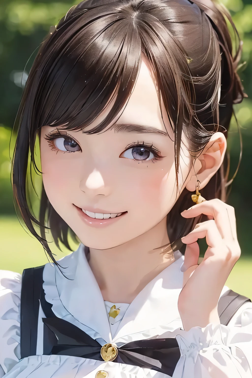 Highest quality、High resolution、Detailed Background、(Beautiful face in every detail:1.4)、Anatomically correct、Normal number of fingers、(Detailed facial expressions)、(Detailed eyes:1.2)、Teenage beauty、(Highly detailed face:1.4)、(Huge breasts:1.2)、Perfect body line、cute hair color、Bobcut、ponytail、cute hairstyle、well-groomed eyebrows、Sunny outdoors、A big smile、smile、A fun atmosphere、Cute gestures、
(Two beautiful girls standing next to each other in A fun atmosphere with their friends:1.5)、Sailor-style maid dress with sheer collar、cute