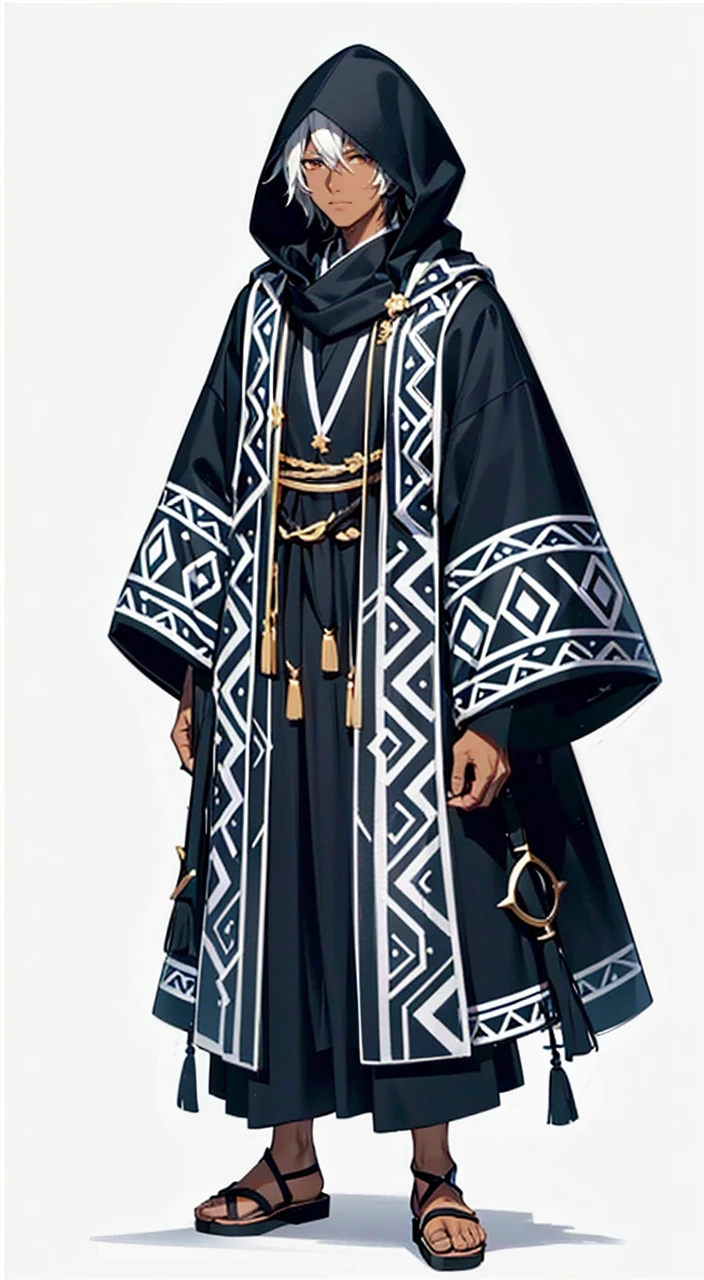 full body anime style portrait of a dark-skinned male wizard with short black hair and some white strands, wearing tribal style outfits, against a minimalist white background, (best quality,4k,8k,highres)